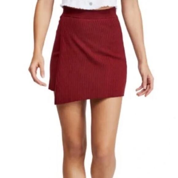 Free People Mod Faux Wrap Ribbed Mini Skirt Burgundy Size M Boho Minimalist - Picture 2 of 14